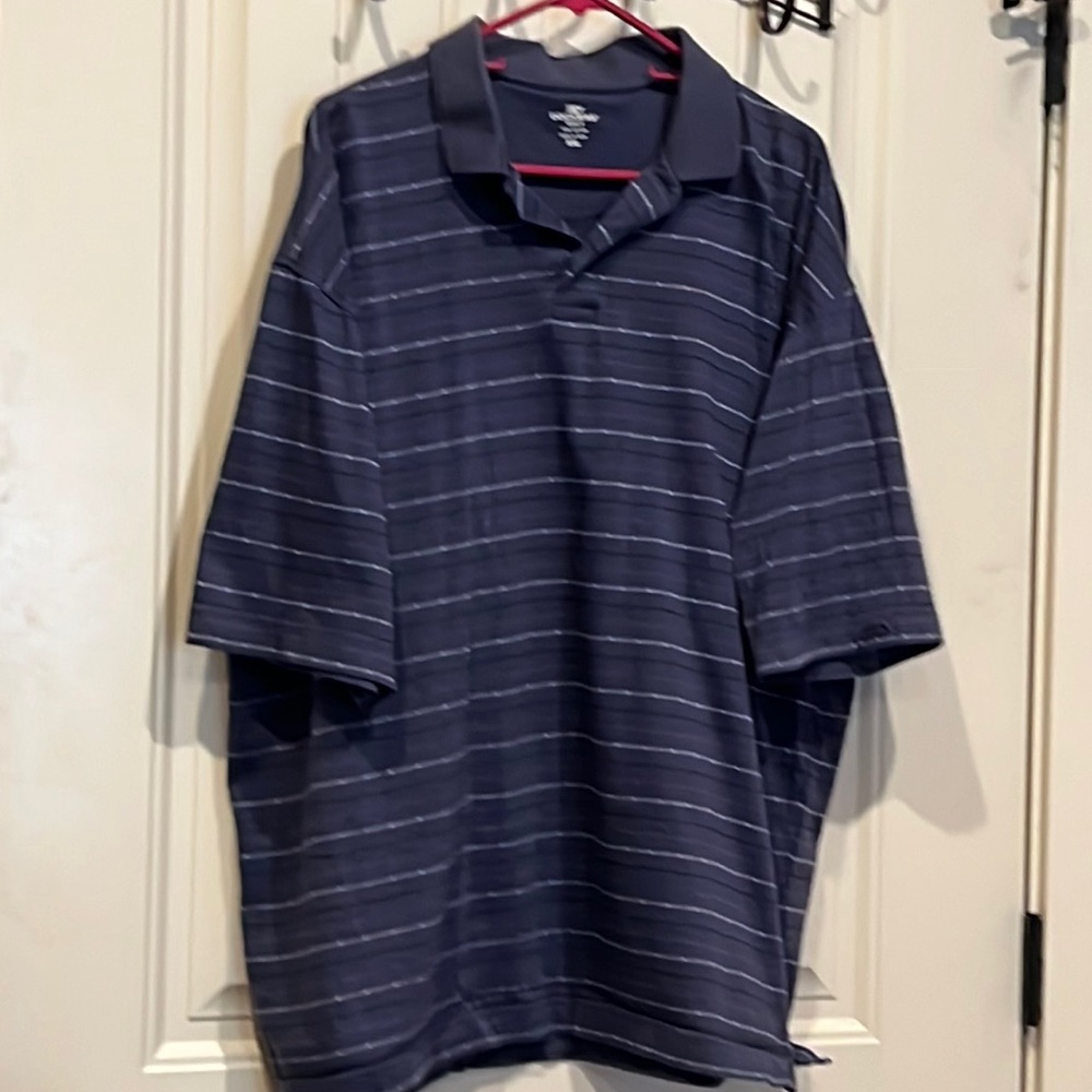 Dockers blue golf shirt with white and navy stripes.